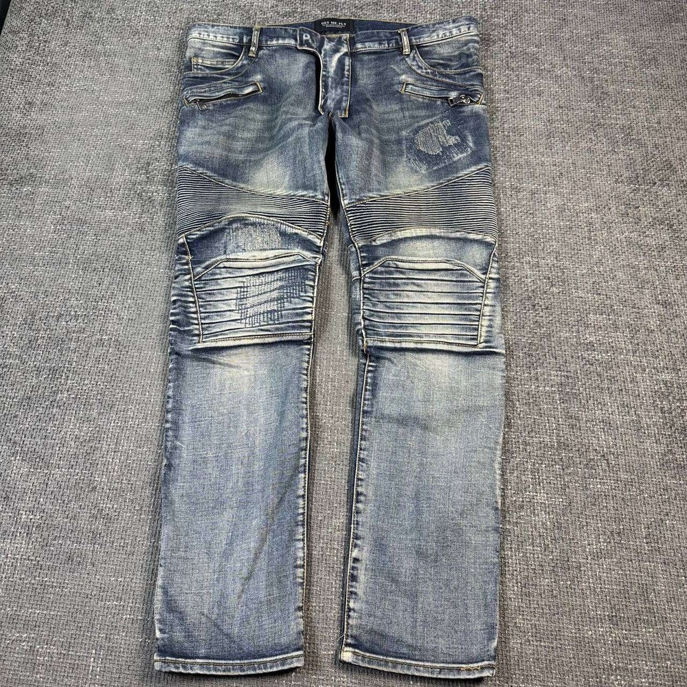 Get Me Fly Moto Biker Jeans Mens 40 Blue Acid Wash Ribbed Slim Fit Streetwear